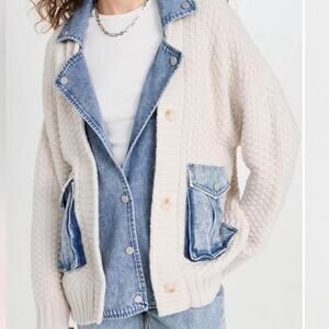 BlankNYC Denim Knit Cardigan Jacket Oversized Cream Blue Womens S